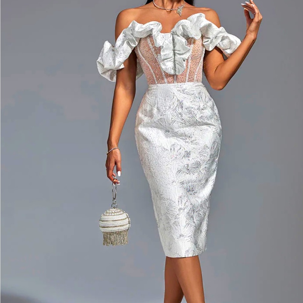 New dress!! Off Shoulder Pleated Midi Elegant Bodycon Dress.